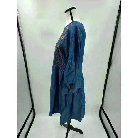 Umgee Women's Floral Embroidered Keyhole Bell Sleeve Blue Mini Dress Bohemian SM - Picture 3 of 5